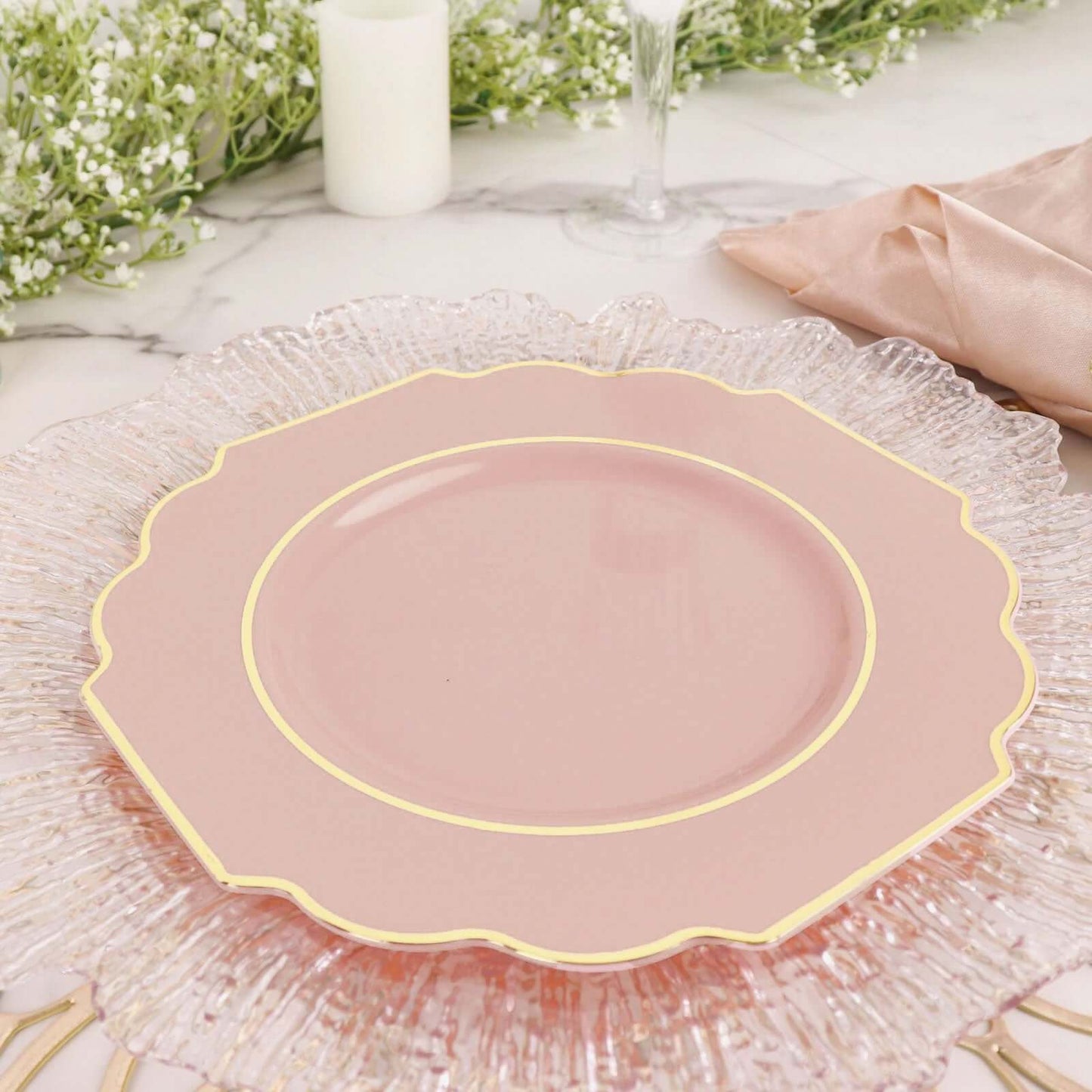 10-Pack Plastic Dessert Appetizer Plates in Blush Baroque Design with Scalloped Gold Rim - Heavy Duty Disposable Salad Plates 8"