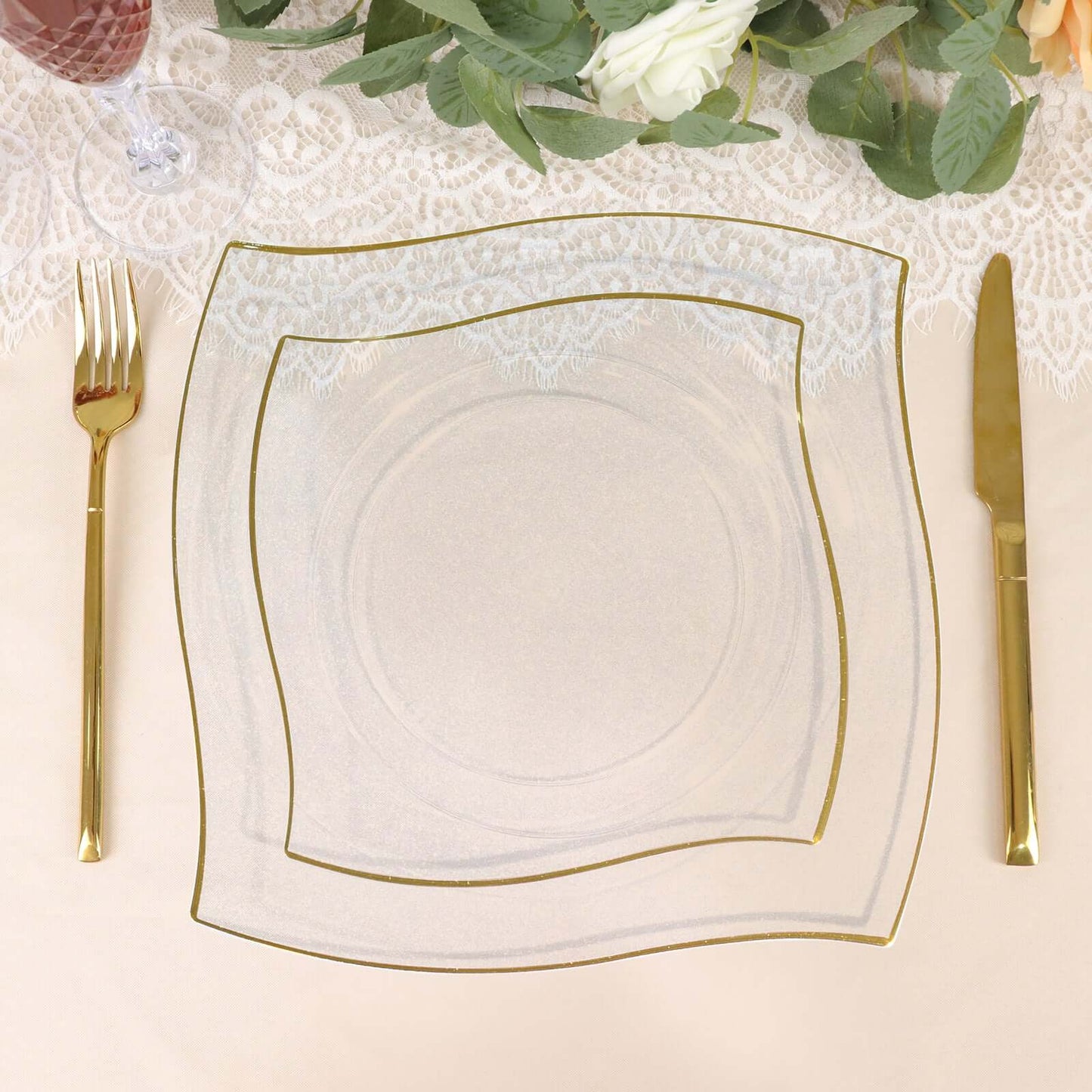 10-Pack Plastic 8" Square Dessert Plates in Clear with Gold Wavy Rim Modern - Disposable Salad Appetizer Party Plates