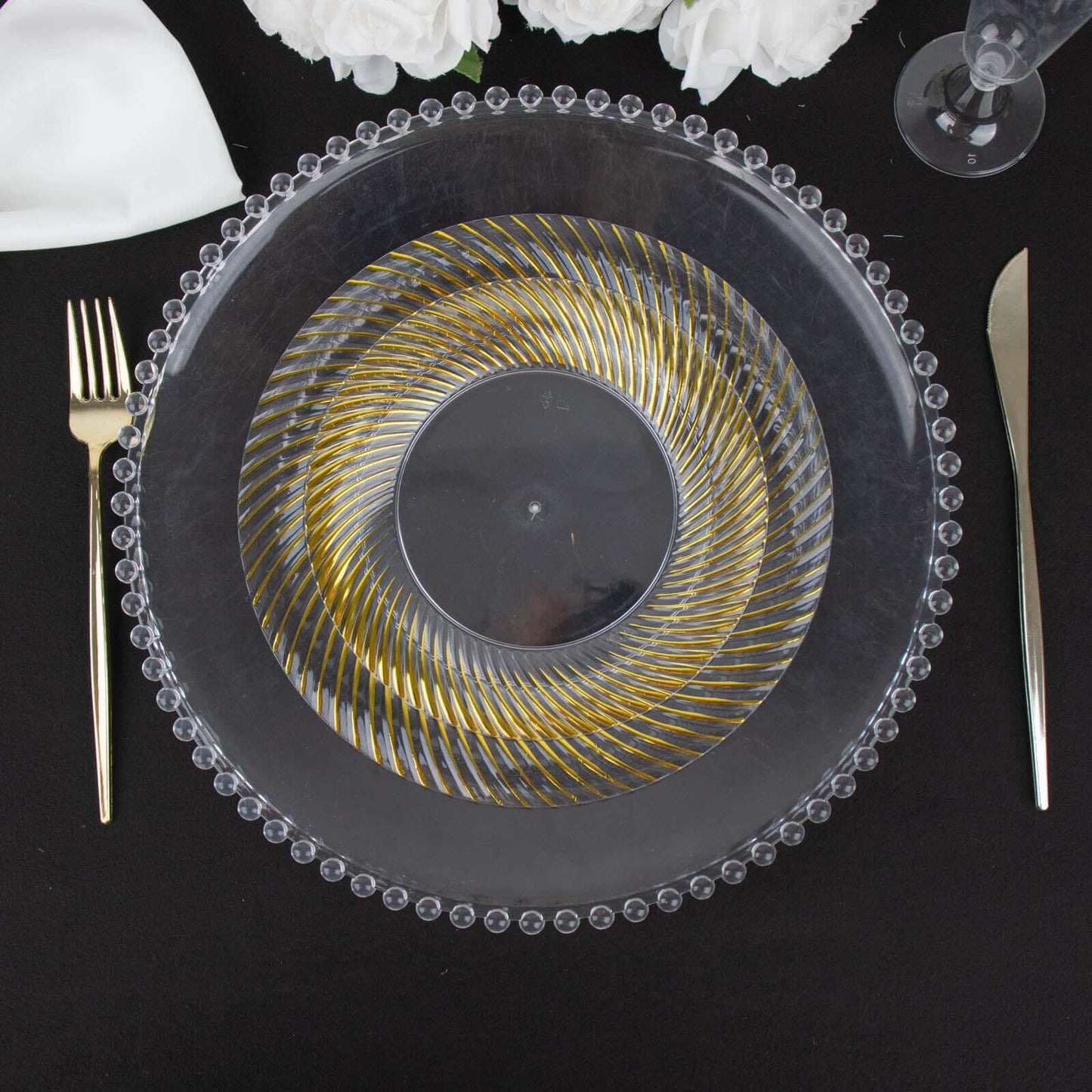 10-Pack Plastic 9" Round Dinner Plates Clear with Gold Swirl Rim - Disposable Party Plates for Classy Events & Banquets