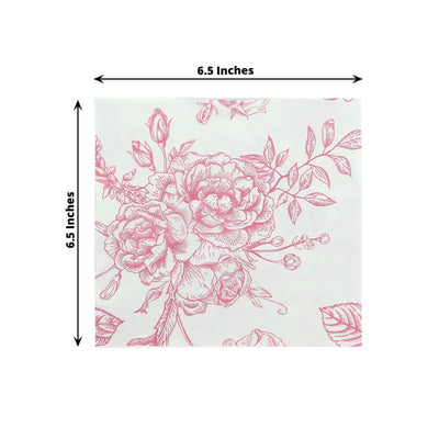 50 Pack 2-Ply Paper Beverage Napkins in Matte Pink and White French Toile Floral Pattern, Highly Absorbent Soft Disposable Cocktail Napkins