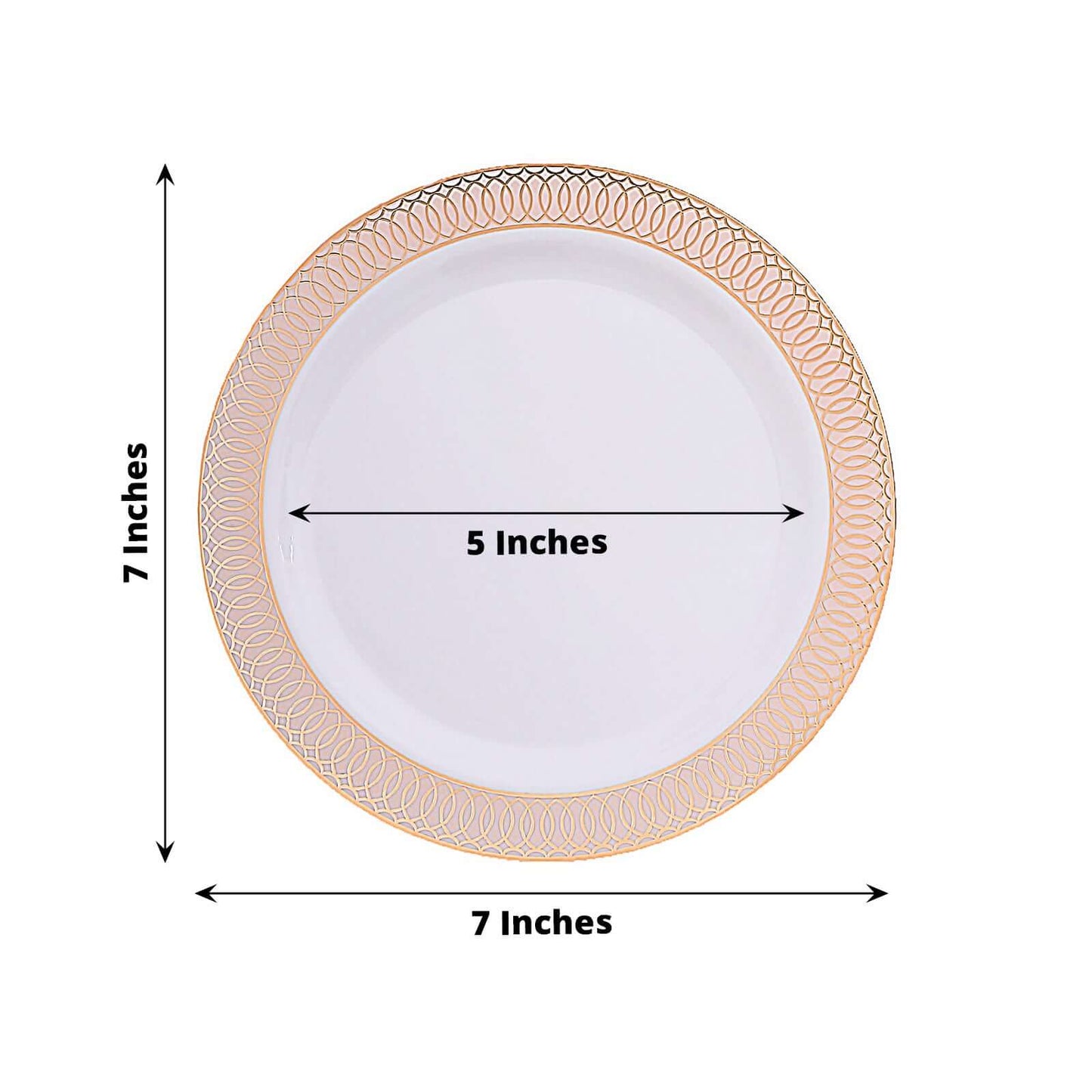 10-Pack Plastic Round Dessert Plates 7" White with Blush Rose Gold Spiral Rim - Chic Disposable Salad Plates for Events & Banquets
