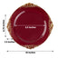 10-Pack Plastic 10" Round Dinner Plates in Burgundy with Gold Leaf Embossed Rim - Disposable Vintage Baroque Style Plates