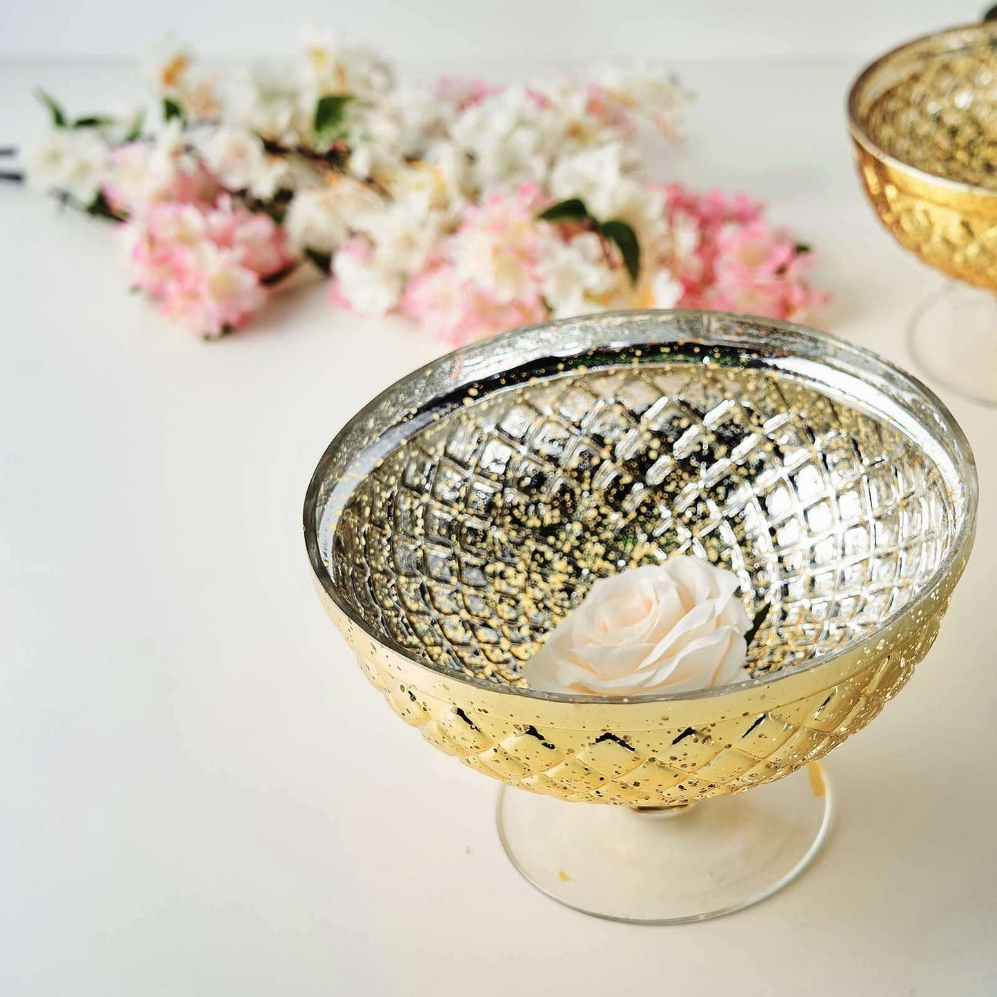 Mercury Glass Pedestal Bowl Vase Compote Style Gold - Sophisticated Floral Table Decor for Events 8" - Linen Luxes