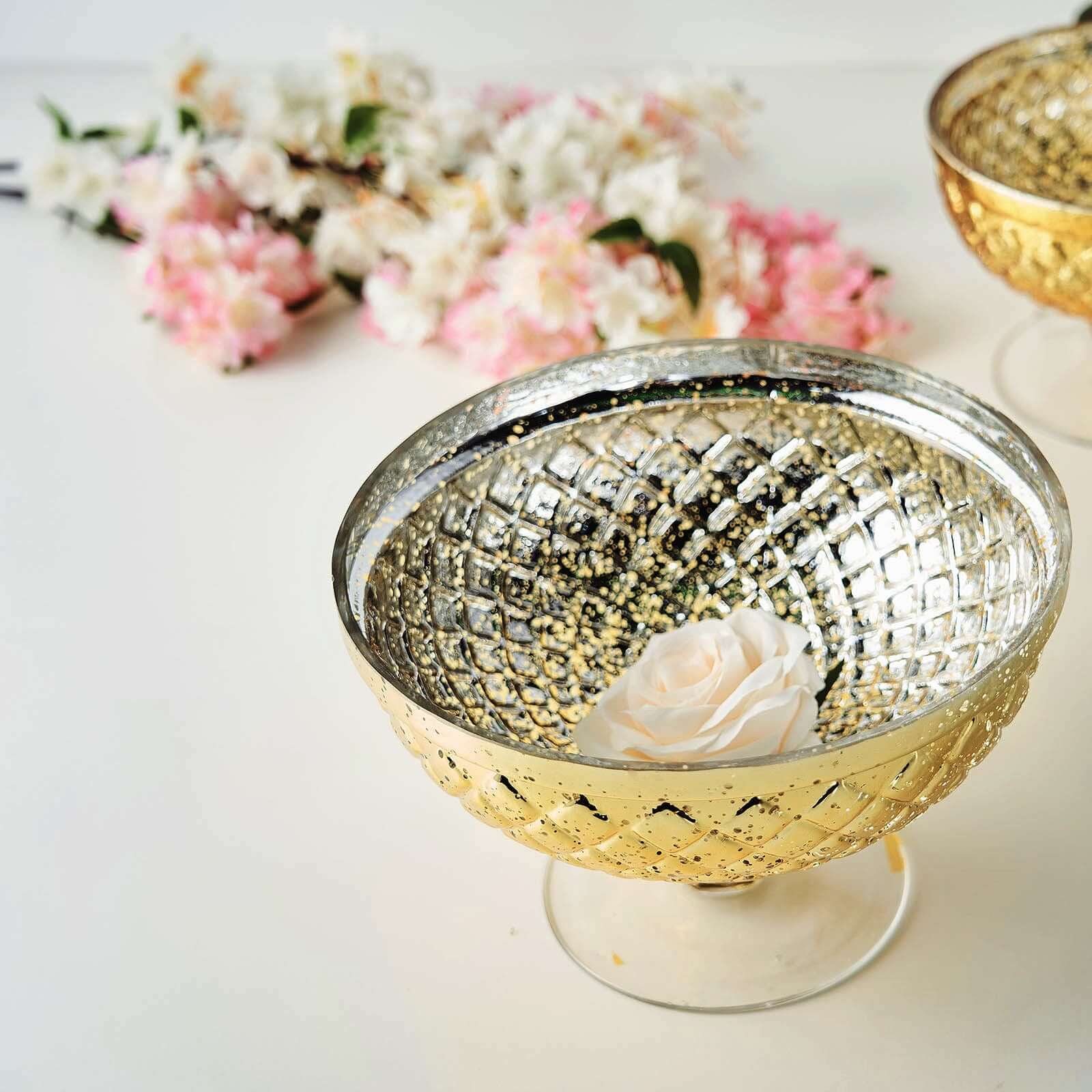 Mercury Glass Pedestal Bowl Vase Compote Style Gold - Sophisticated Floral Table Decor for Events 8" - Linen Luxes