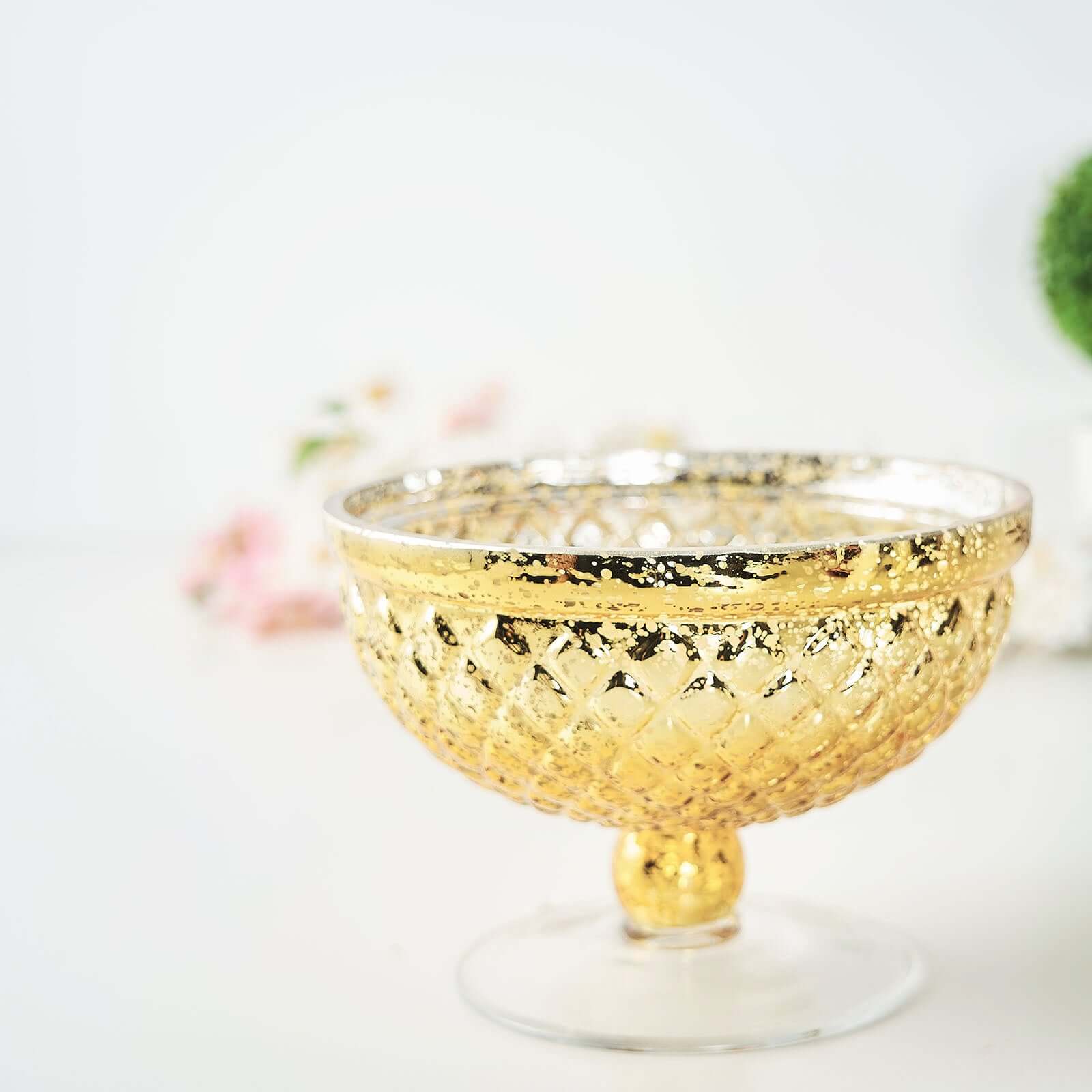 Mercury Glass Pedestal Bowl Vase Compote Style Gold - Sophisticated Floral Table Decor for Events 8" - Linen Luxes