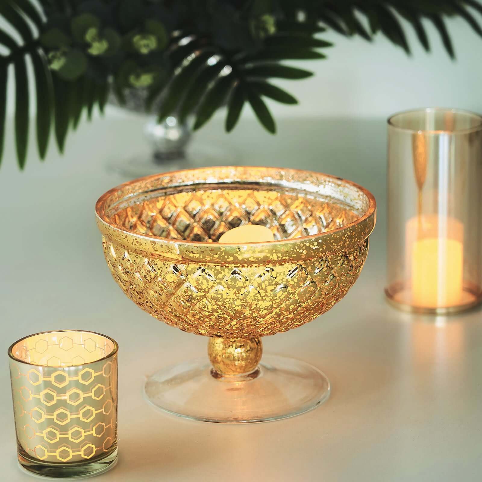 Mercury Glass Pedestal Bowl Vase Compote Style Gold - Sophisticated Floral Table Decor for Events 8" - Linen Luxes