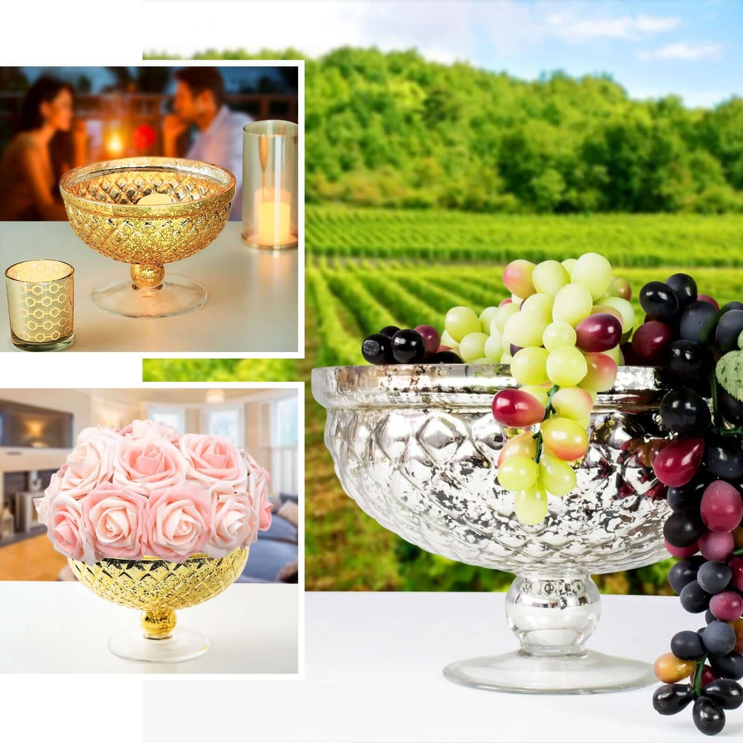 Mercury Glass Pedestal Bowl Vase Compote Style Silver - Sophisticated Floral Table Decor for Events 8" - Linen Luxes