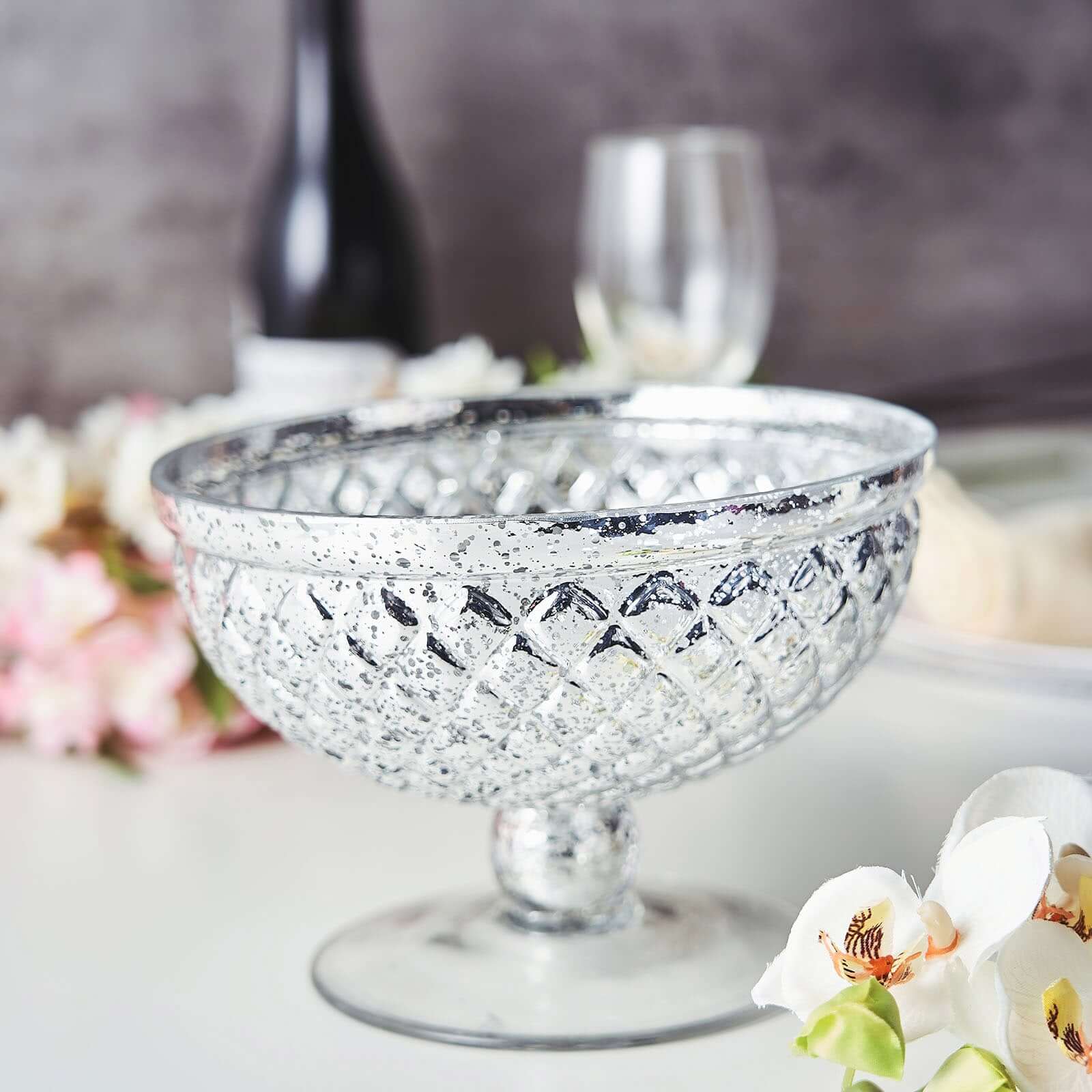 Mercury Glass Pedestal Bowl Vase Compote Style Silver - Sophisticated Floral Table Decor for Events 8" - Linen Luxes