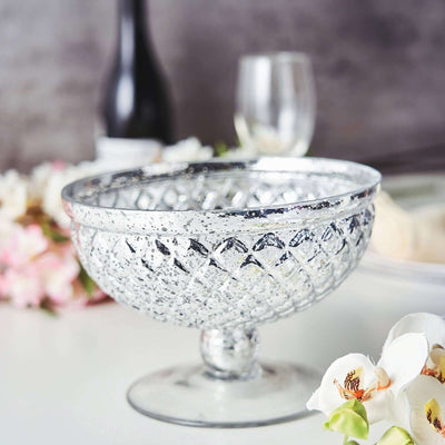 Mercury Glass Pedestal Bowl Vase Compote Style Silver - Sophisticated Floral Table Decor for Events 8" - Linen Luxes