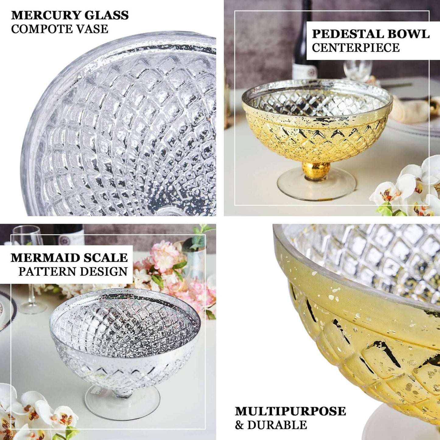 Mercury Glass Pedestal Bowl Vase Compote Style Silver - Sophisticated Floral Table Decor for Events 8" - Linen Luxes