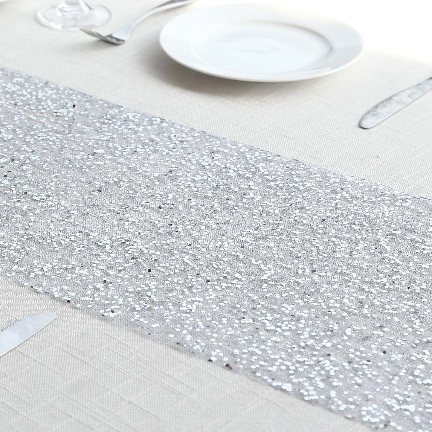 Mesh 11"x108" Table Runner Metallic Silver â€“ Glitter Design for Convenient Event Decoration