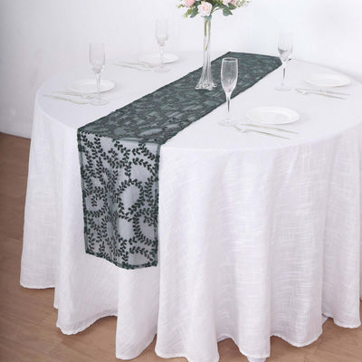 Mesh 12"x108" Table Runner Hunter Emerald Green - Leaf Vine Embroidery