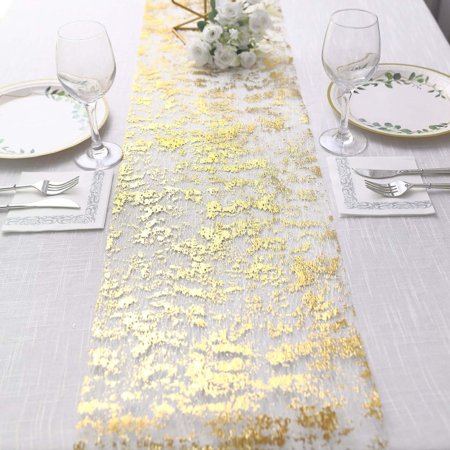 Mesh Polyester 108" Table Runner Roll Metallic Gold Distressed Foil Printing Design - Disposable Stylish Party Table Decor