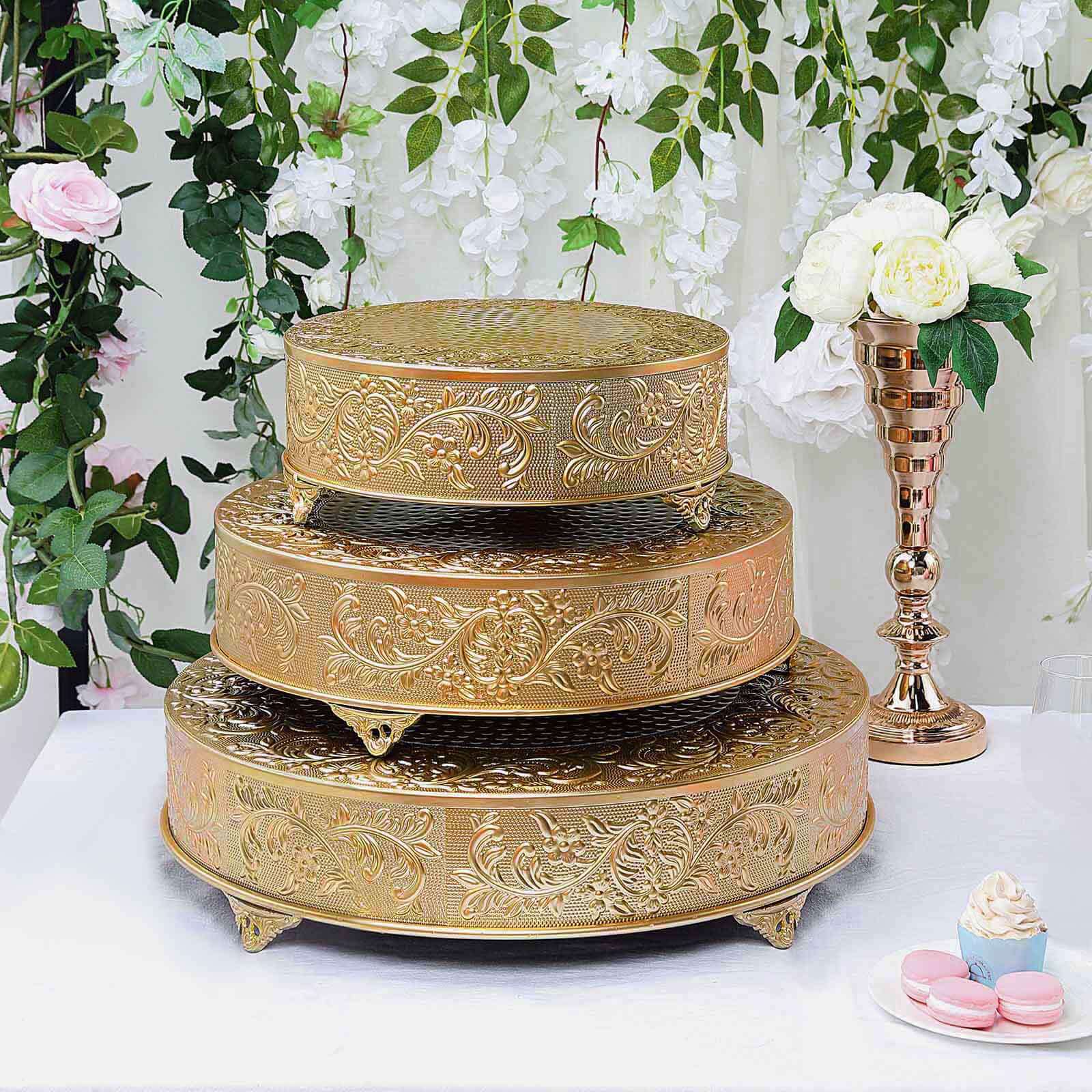 Metal 14" Round Cake Pedestal Stand Matte Gold - Cupcake Dessert Display Riser with Intricate Embossed Design for Upscale Events & Gatherings - Linen Luxes