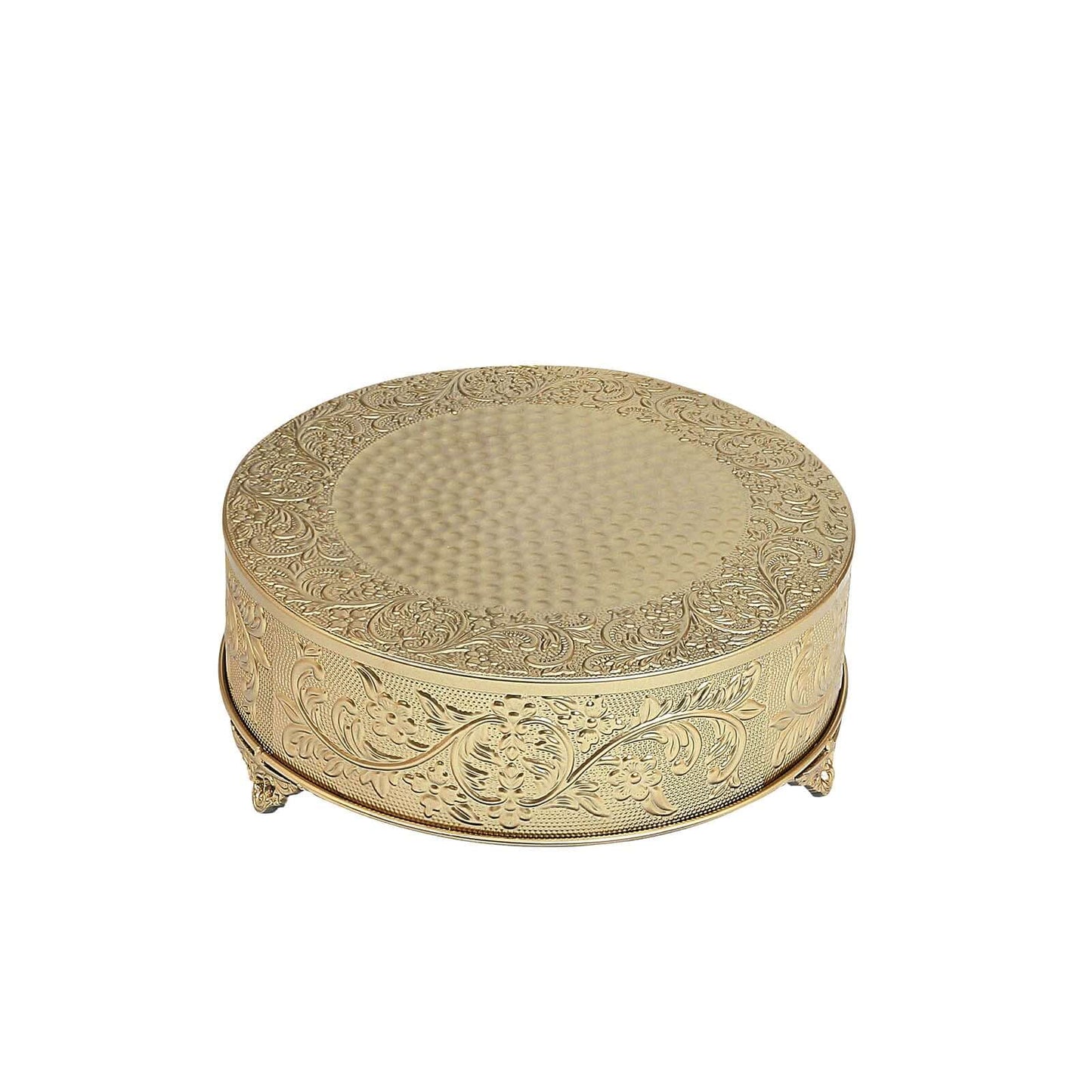 Metal 14" Round Cake Pedestal Stand Matte Gold - Cupcake Dessert Display Riser with Intricate Embossed Design for Upscale Events & Gatherings - Linen Luxes