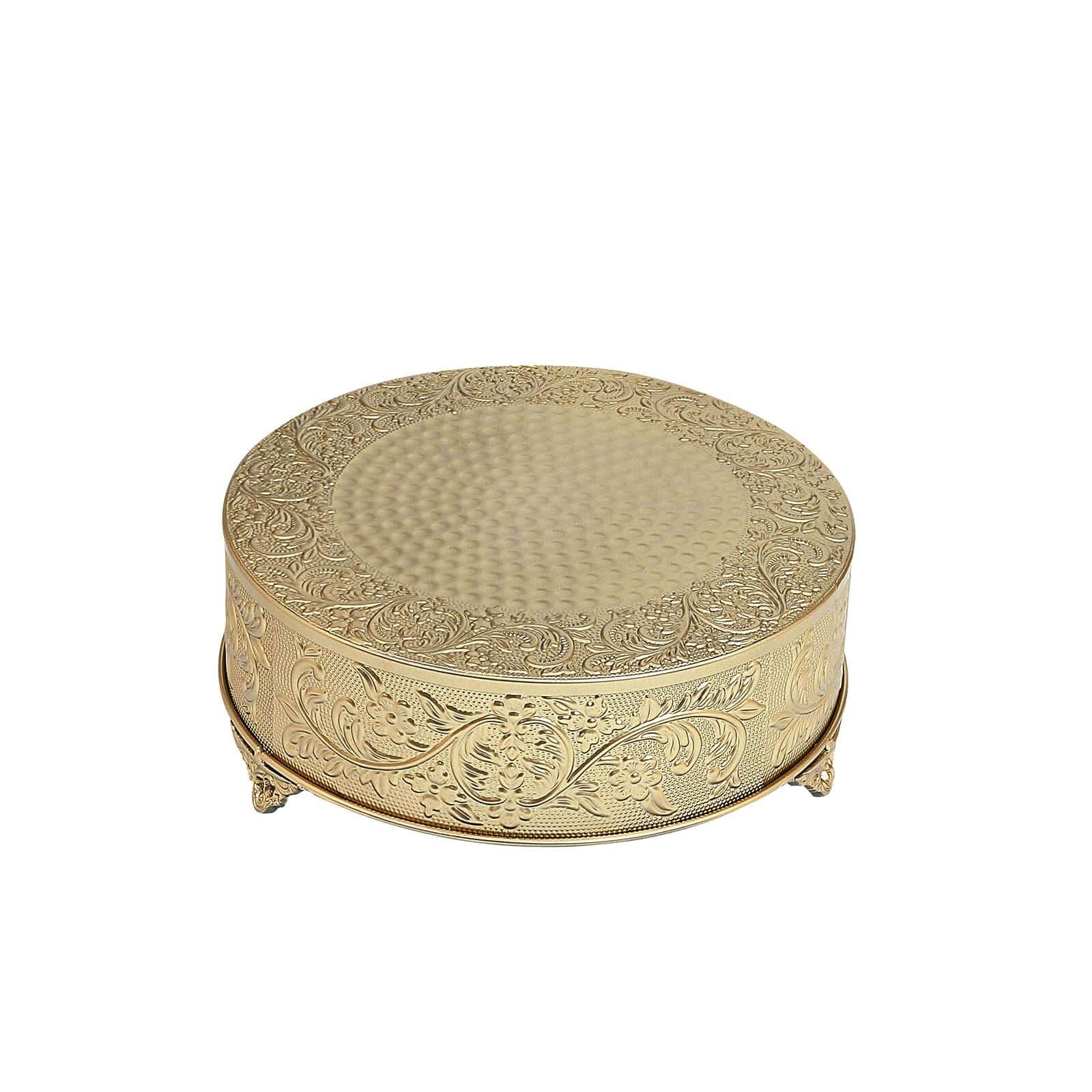 Metal 14" Round Cake Pedestal Stand Matte Gold - Cupcake Dessert Display Riser with Intricate Embossed Design for Upscale Events & Gatherings - Linen Luxes