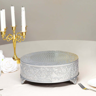 Metal 14" Round Cake Pedestal Stand Matte Silver - Cupcake Dessert Display Riser with Intricate Embossed Design for Upscale Events & Gatherings - Linen Luxes