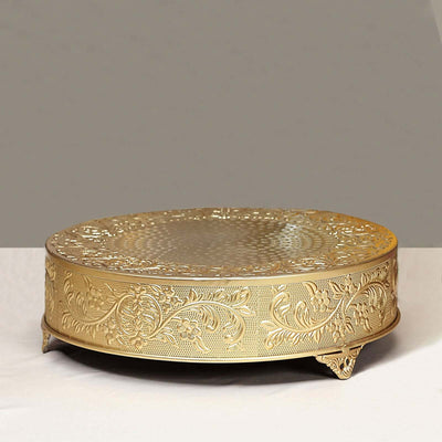 Metal 18" Round Cake Pedestal Stand Matte Gold - Cupcake Dessert Display Riser with Intricate Embossed Design for Upscale Events & Gatherings - Linen Luxes