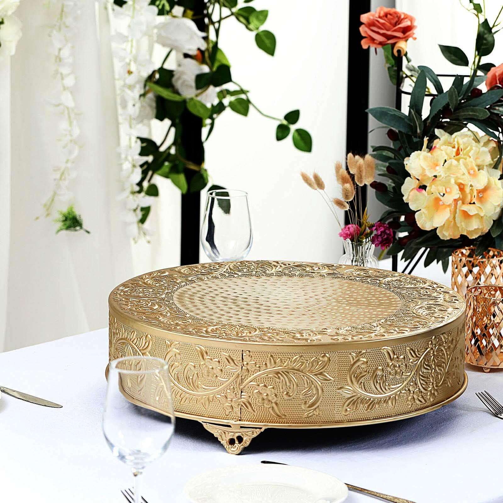 Metal 18" Round Cake Pedestal Stand Matte Gold - Cupcake Dessert Display Riser with Intricate Embossed Design for Upscale Events & Gatherings - Linen Luxes