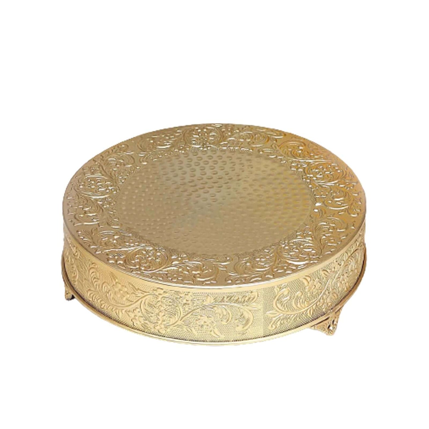 Metal 18" Round Cake Pedestal Stand Matte Gold - Cupcake Dessert Display Riser with Intricate Embossed Design for Upscale Events & Gatherings - Linen Luxes