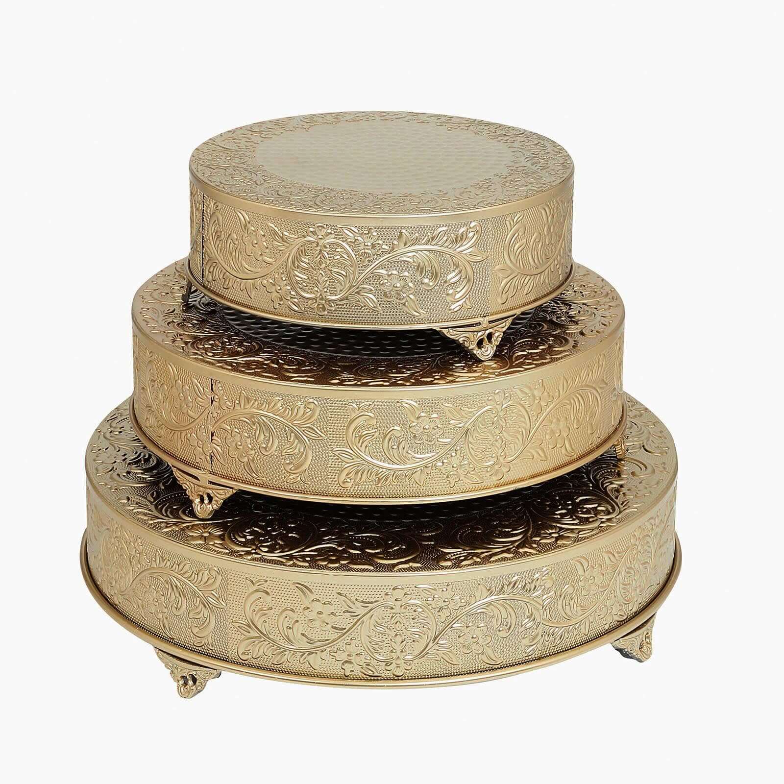 Metal 18" Round Cake Pedestal Stand Matte Gold - Cupcake Dessert Display Riser with Intricate Embossed Design for Upscale Events & Gatherings - Linen Luxes
