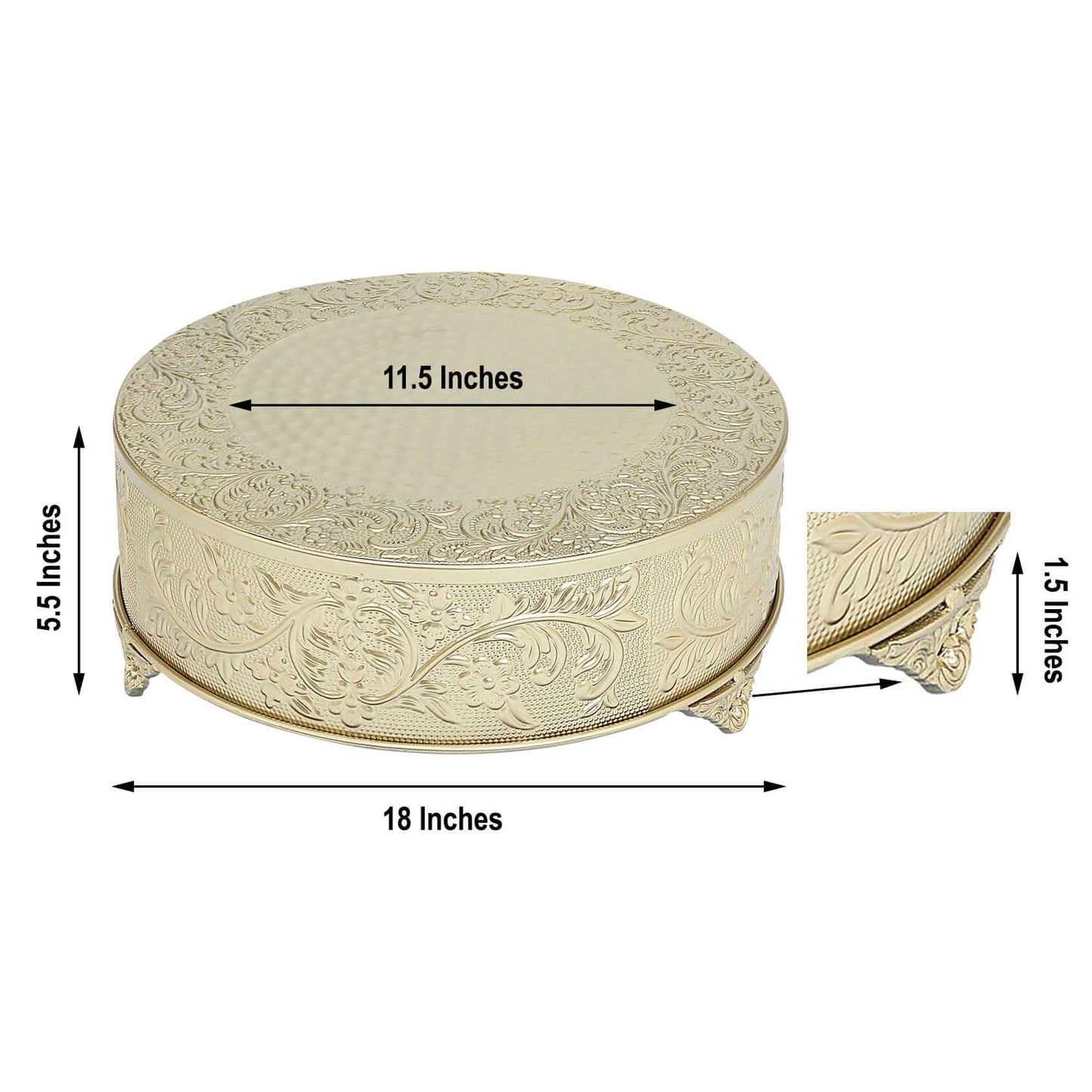 Metal 18" Round Cake Pedestal Stand Matte Gold - Cupcake Dessert Display Riser with Intricate Embossed Design for Upscale Events & Gatherings - Linen Luxes