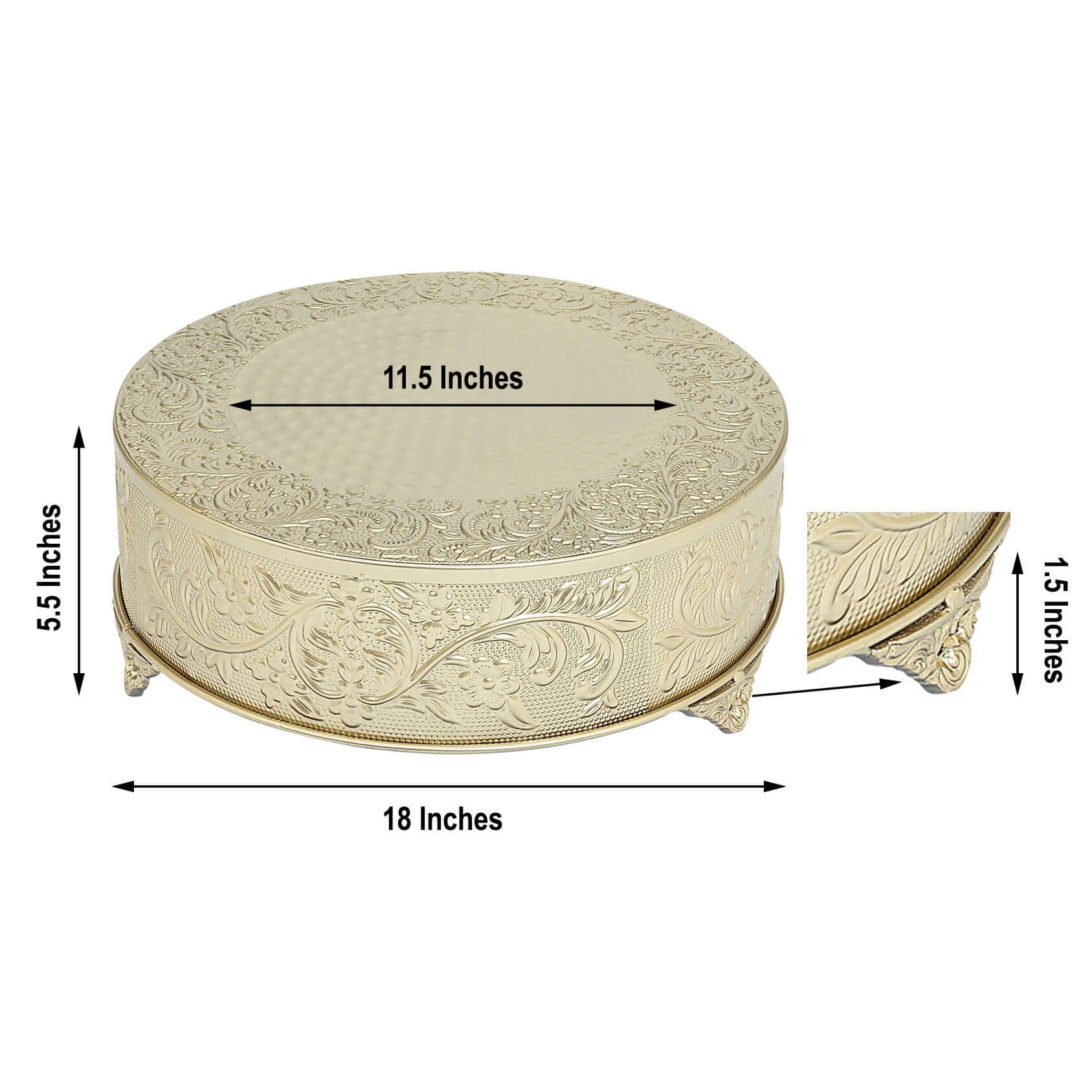 Metal 18" Round Cake Pedestal Stand Matte Gold - Cupcake Dessert Display Riser with Intricate Embossed Design for Upscale Events & Gatherings - Linen Luxes
