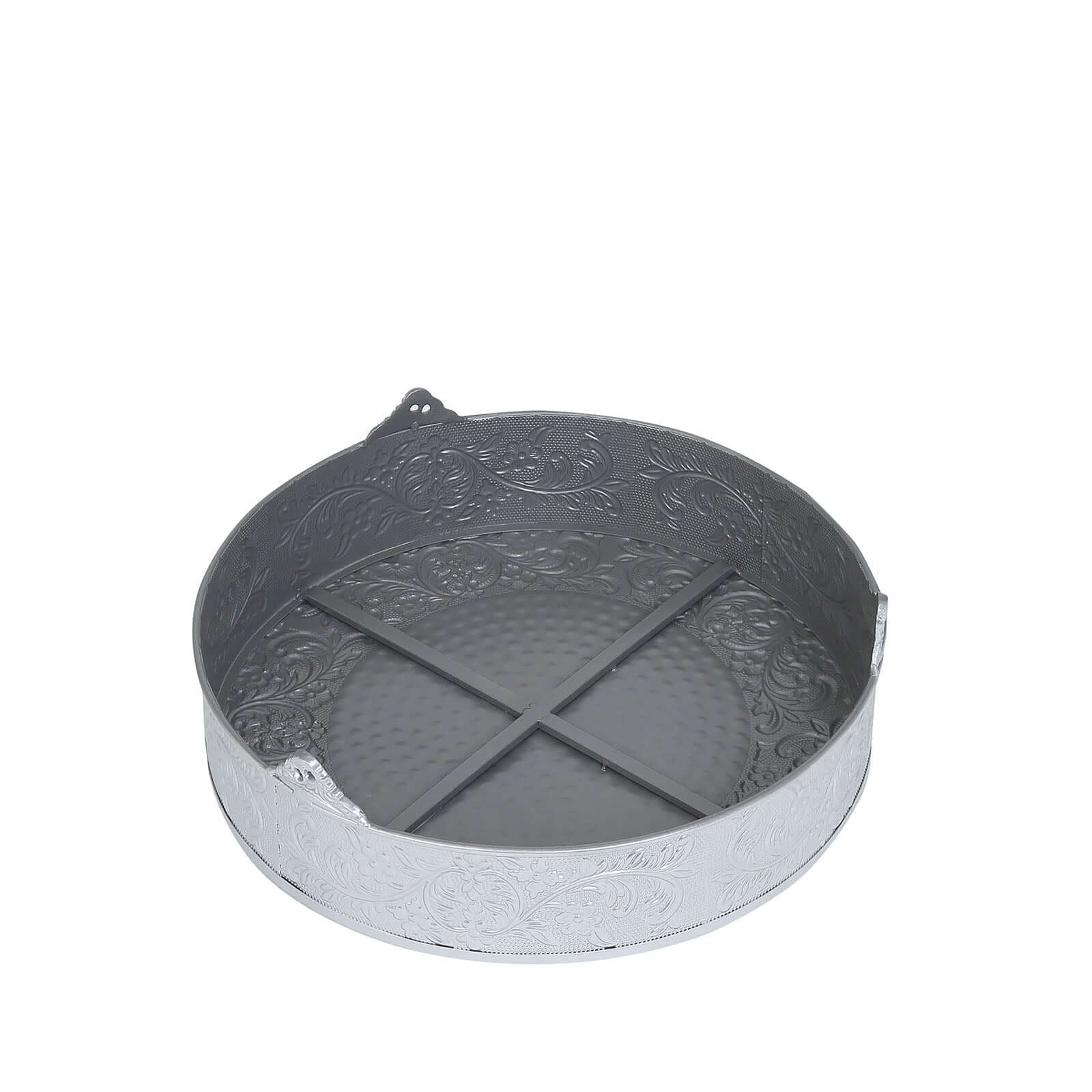 Metal 18" Round Cake Pedestal Stand Matte Silver - Cupcake Dessert Display Riser with Intricate Embossed Design for Upscale Events & Gatherings - Linen Luxes