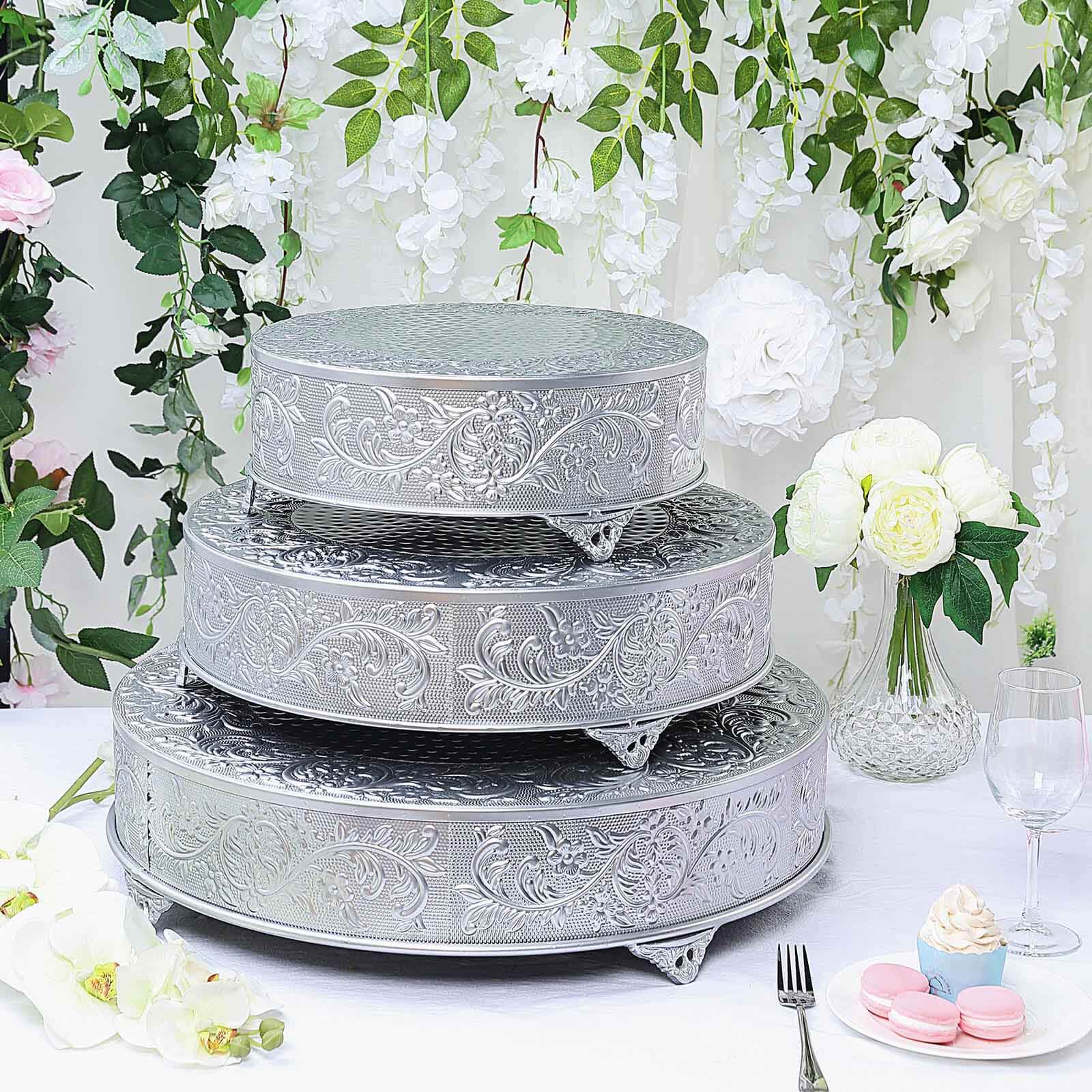 Metal 18" Round Cake Pedestal Stand Matte Silver - Cupcake Dessert Display Riser with Intricate Embossed Design for Upscale Events & Gatherings - Linen Luxes