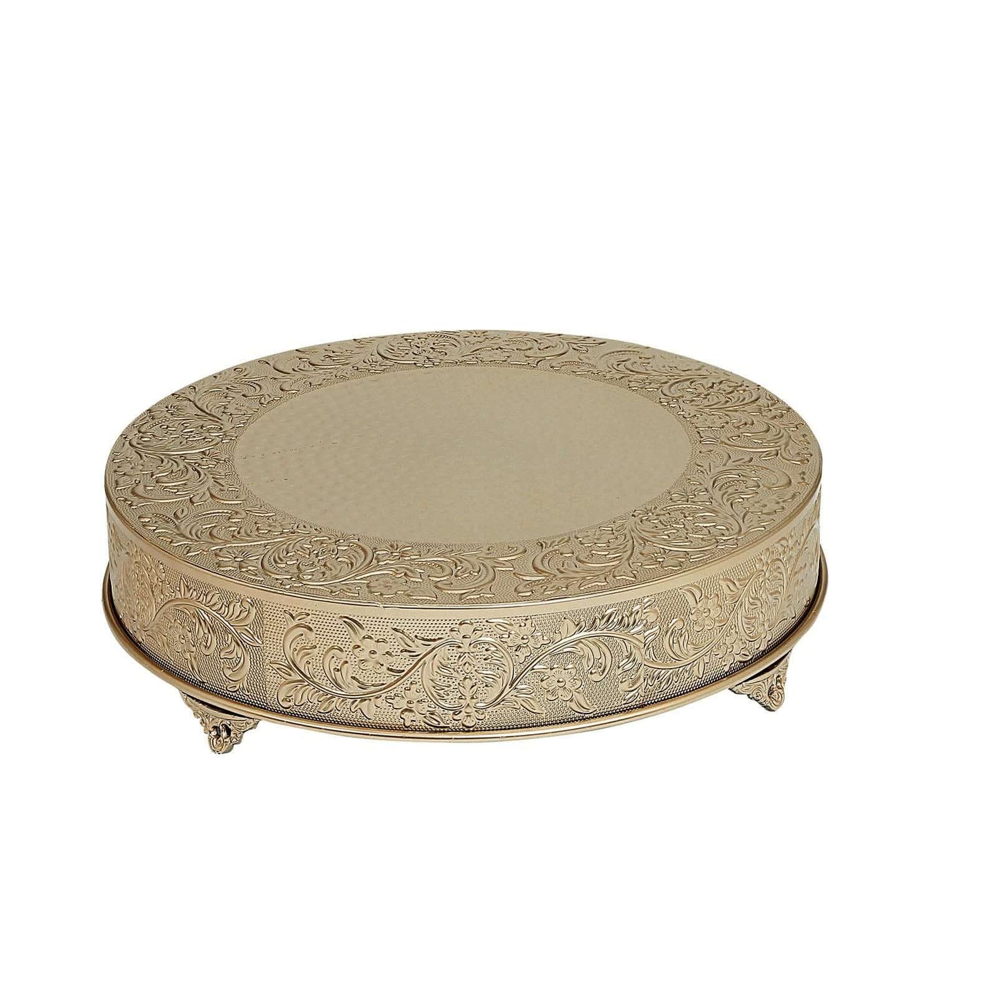 Metal 22" Round Cake Pedestal Stand Matte Gold - Cupcake Dessert Display Riser with Intricate Embossed Design for Upscale Events & Gatherings - Linen Luxes