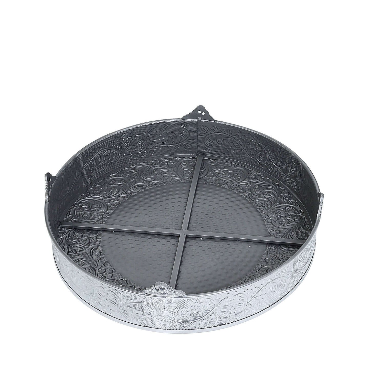 Metal 22" Round Cake Pedestal Stand Matte Silver - Cupcake Dessert Display Riser with Intricate Embossed Design for Upscale Events & Gatherings - Linen Luxes