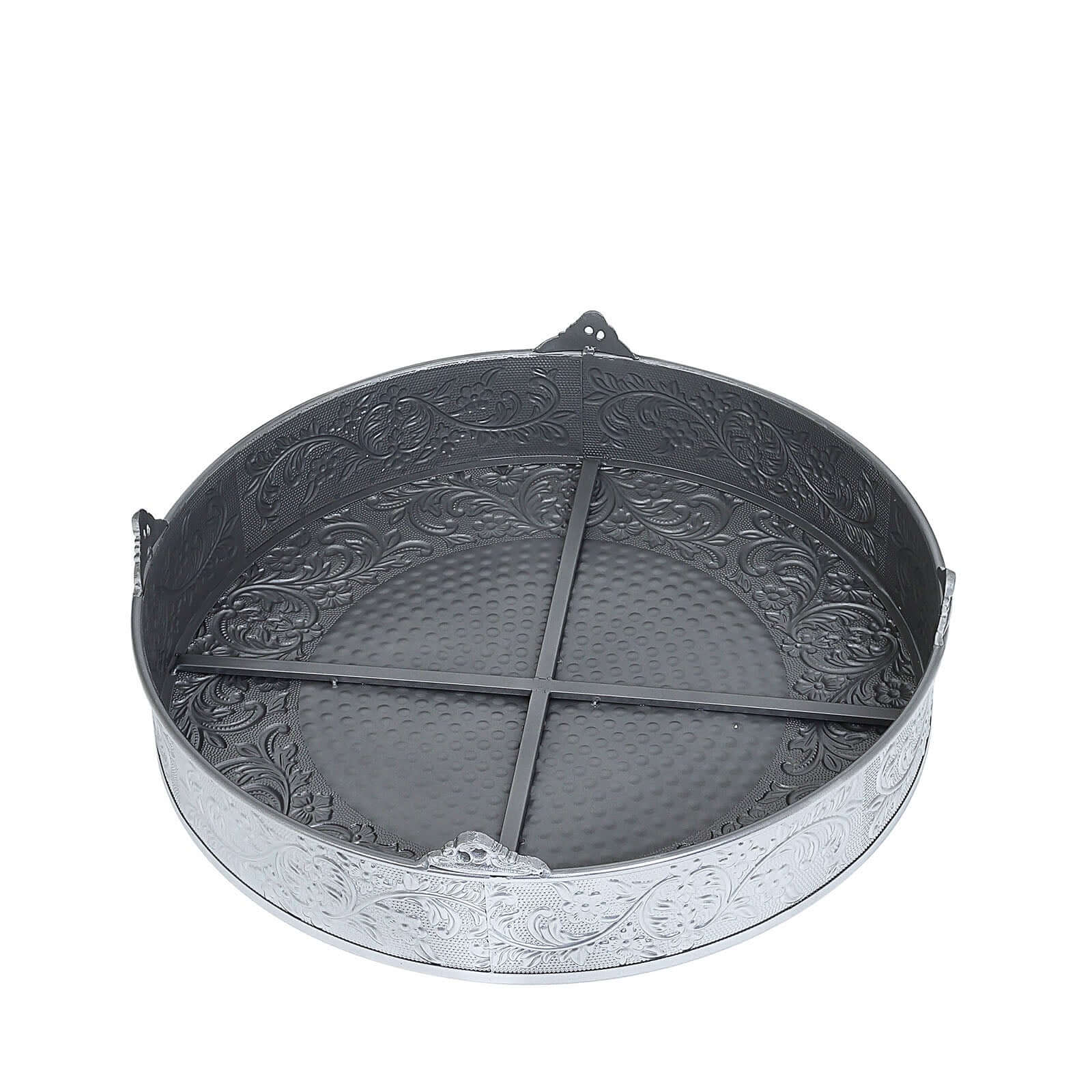 Metal 22" Round Cake Pedestal Stand Matte Silver - Cupcake Dessert Display Riser with Intricate Embossed Design for Upscale Events & Gatherings - Linen Luxes