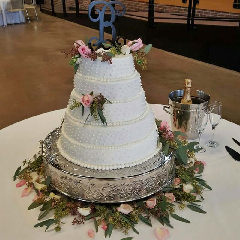 Metal 22" Round Cake Pedestal Stand Matte Silver - Cupcake Dessert Display Riser with Intricate Embossed Design for Upscale Events & Gatherings - Linen Luxes