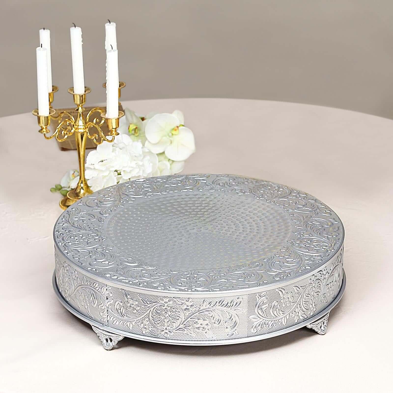 Metal 22" Round Cake Pedestal Stand Matte Silver - Cupcake Dessert Display Riser with Intricate Embossed Design for Upscale Events & Gatherings - Linen Luxes