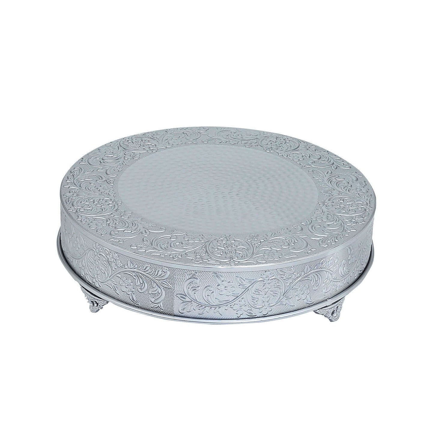 Metal 22" Round Cake Pedestal Stand Matte Silver - Cupcake Dessert Display Riser with Intricate Embossed Design for Upscale Events & Gatherings - Linen Luxes