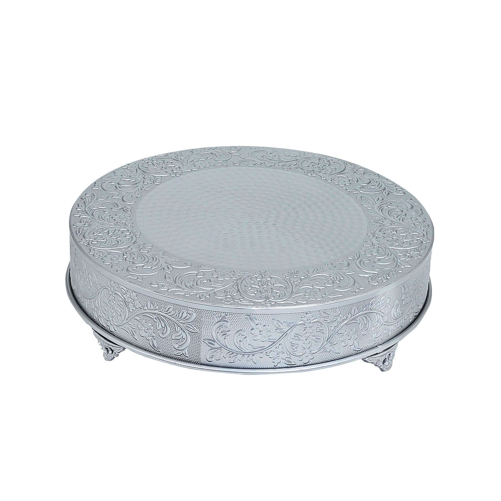 Metal 22" Round Cake Pedestal Stand Matte Silver - Cupcake Dessert Display Riser with Intricate Embossed Design for Upscale Events & Gatherings - Linen Luxes