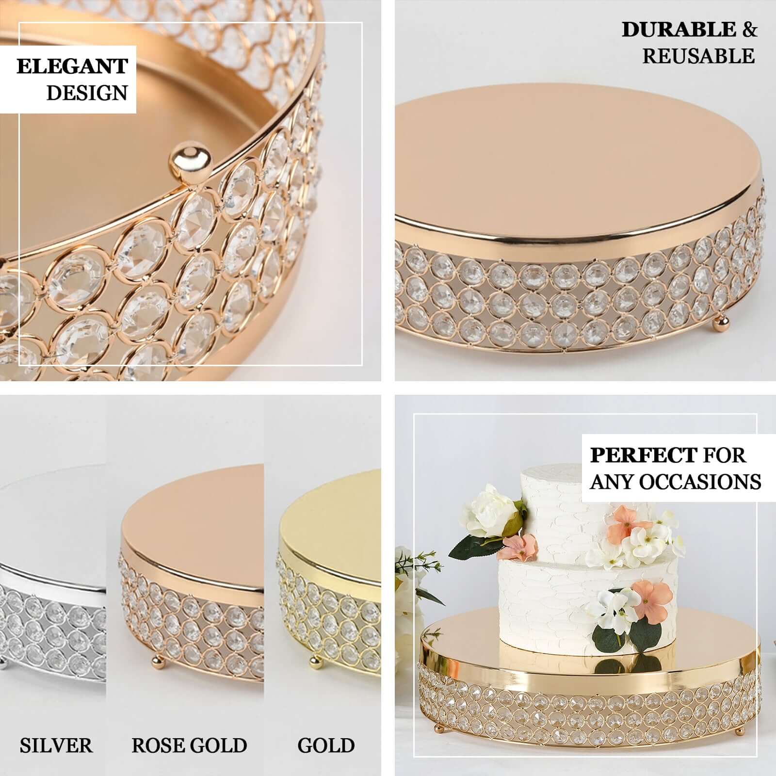 Metal Cake Stand Pedestal Crystal Beaded Design Gold - Cupcake Display and Dessert Riser 14" - Linen Luxes