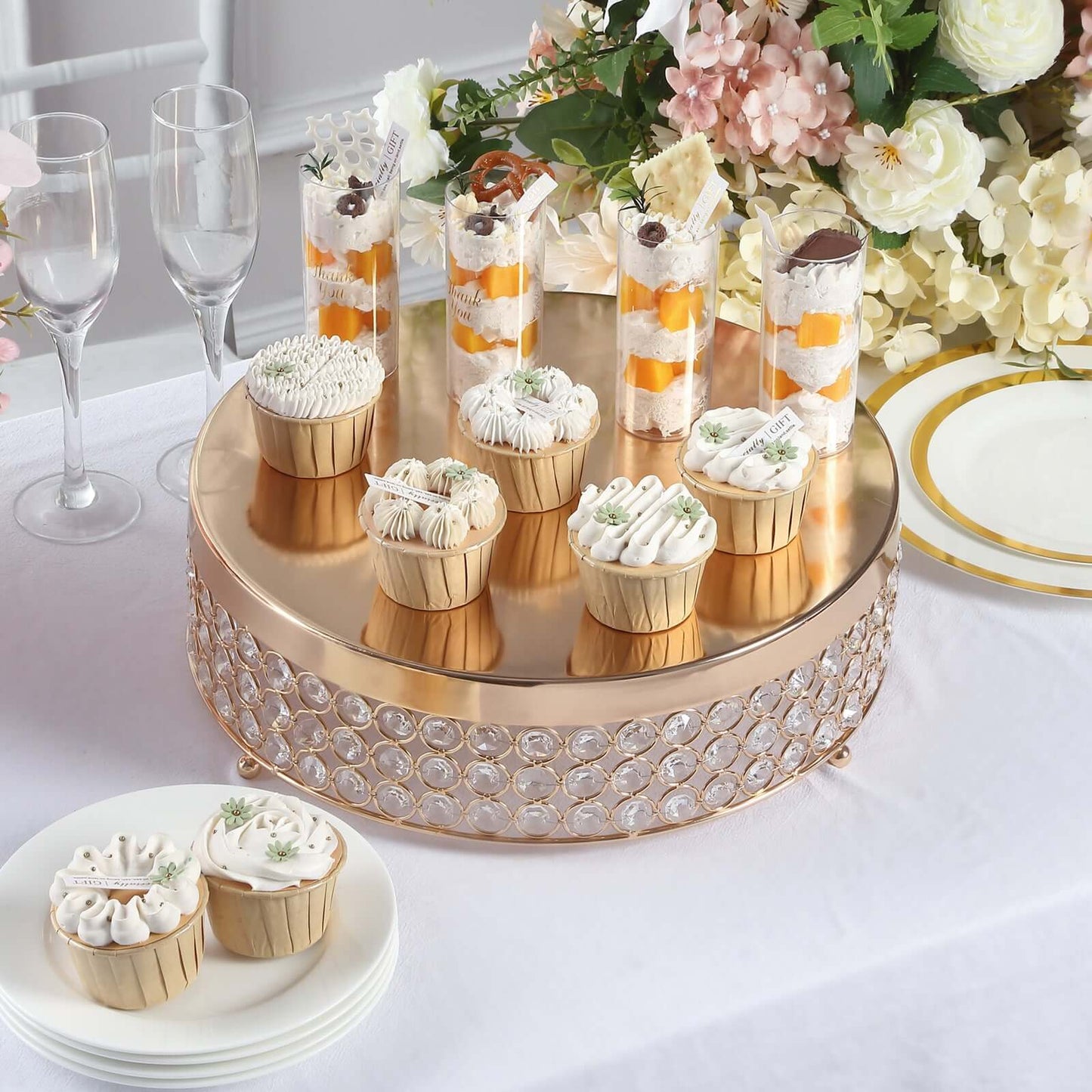 Metal Cake Stand Pedestal Crystal Beaded Design Gold - Cupcake Display and Dessert Riser 14" - Linen Luxes