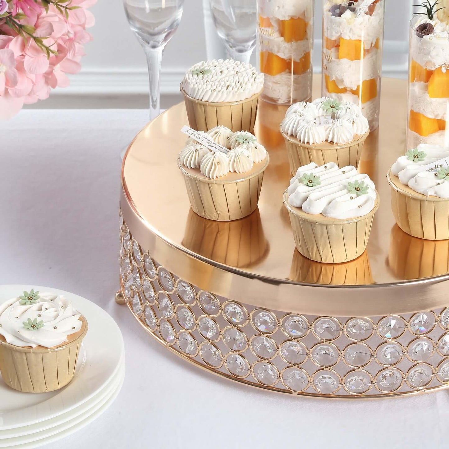 Metal Cake Stand Pedestal Crystal Beaded Design Gold - Cupcake Display and Dessert Riser 14" - Linen Luxes