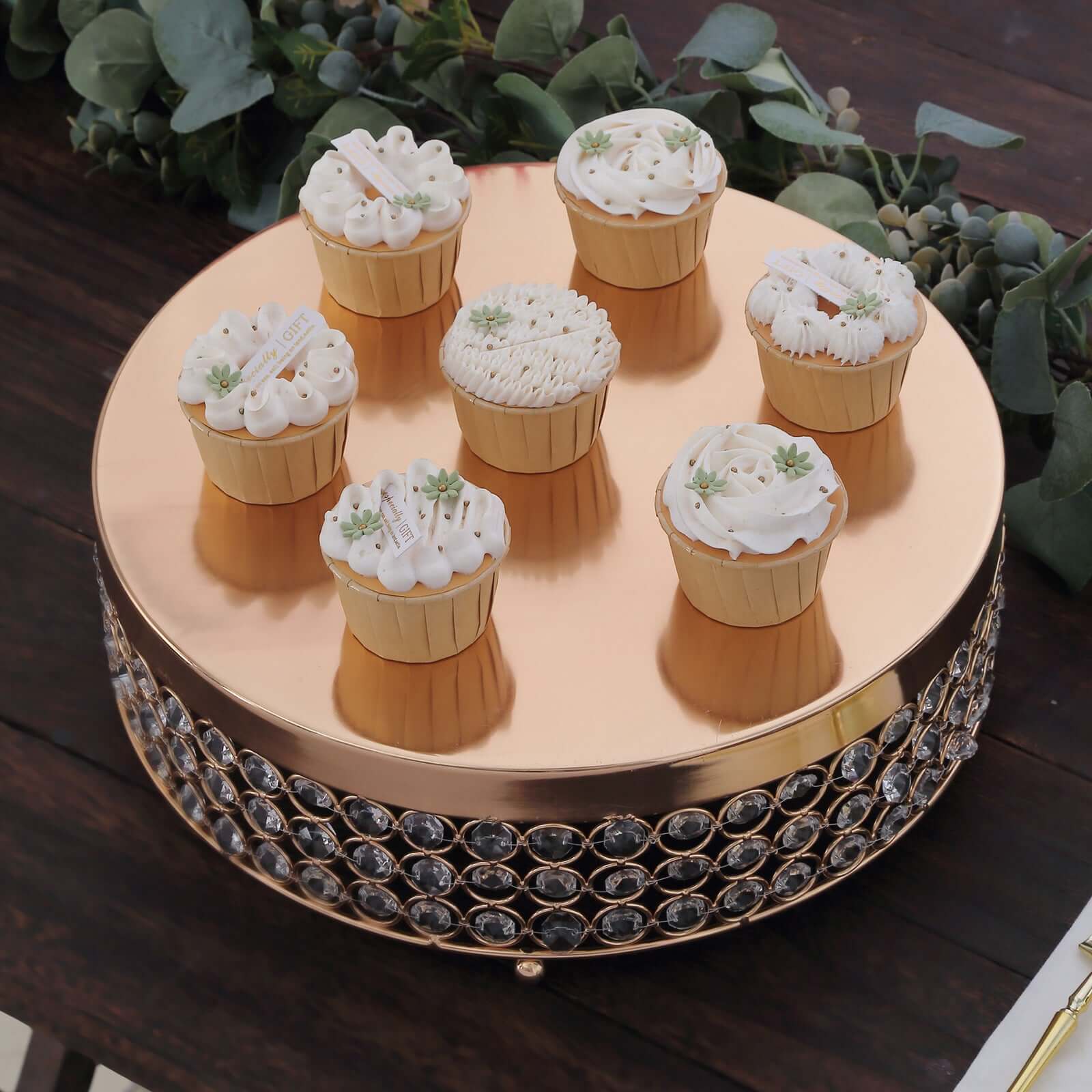 Metal Cake Stand Pedestal Crystal Beaded Design Gold - Cupcake Display and Dessert Riser 14" - Linen Luxes