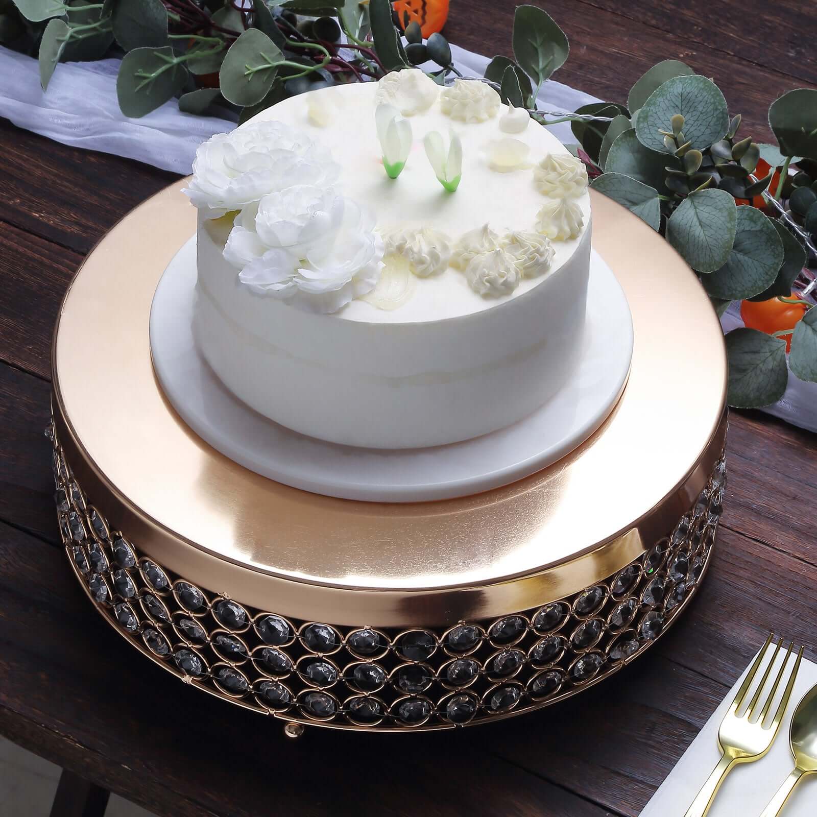 Metal Cake Stand Pedestal Crystal Beaded Design Gold - Cupcake Display and Dessert Riser 14" - Linen Luxes