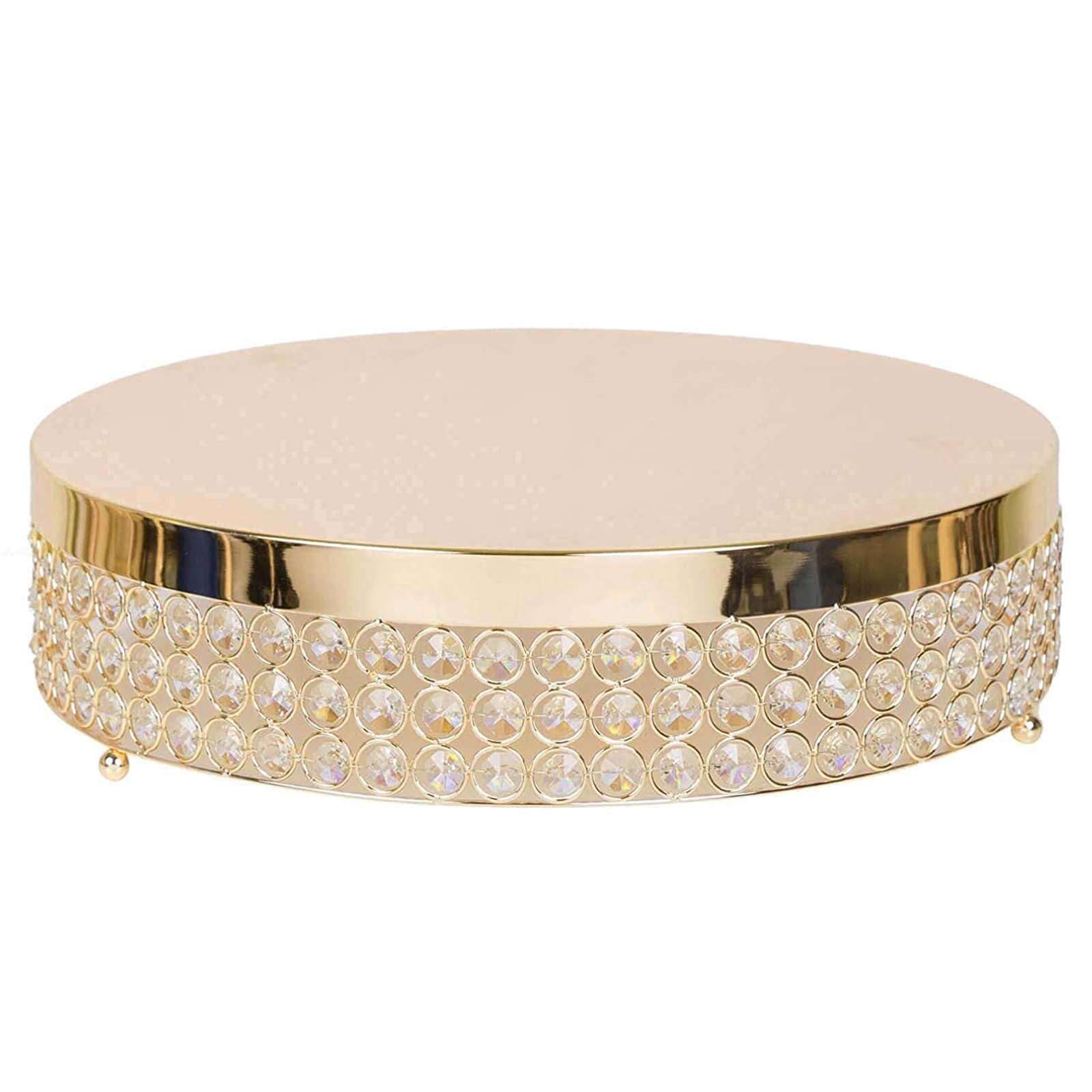 Metal Cake Stand Pedestal Crystal Beaded Design Gold - Cupcake Display and Dessert Riser 14" - Linen Luxes