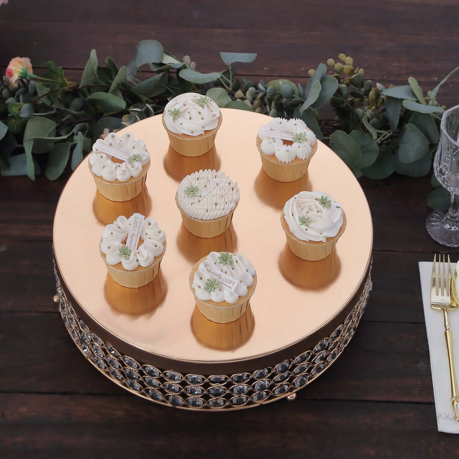 Metal Cake Stand Pedestal Crystal Beaded Design Gold - Cupcake Display and Dessert Riser 14" - Linen Luxes