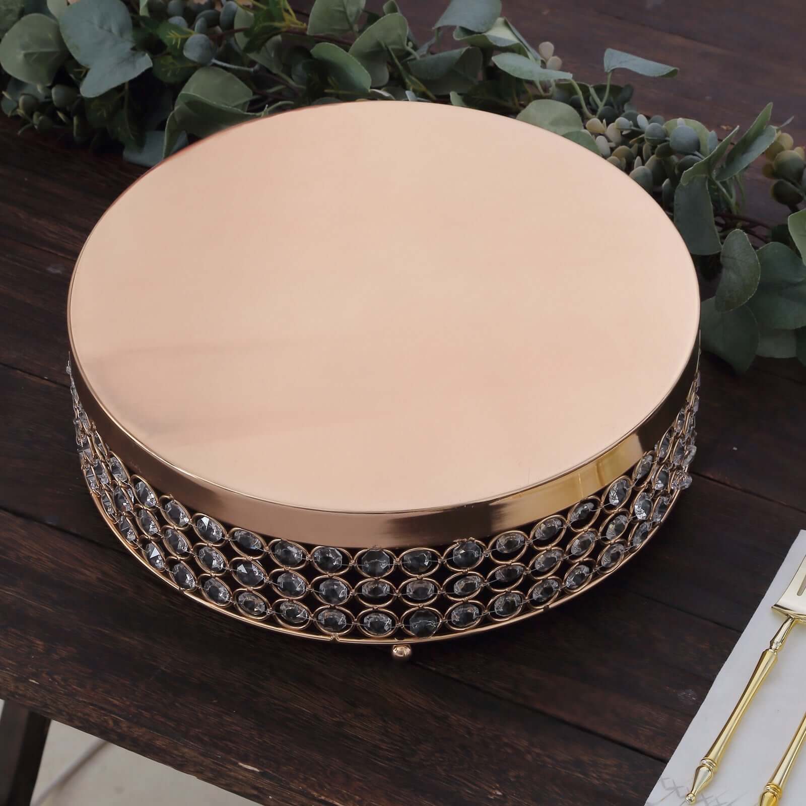 Metal Cake Stand Pedestal Crystal Beaded Design Gold - Cupcake Display and Dessert Riser 14" - Linen Luxes