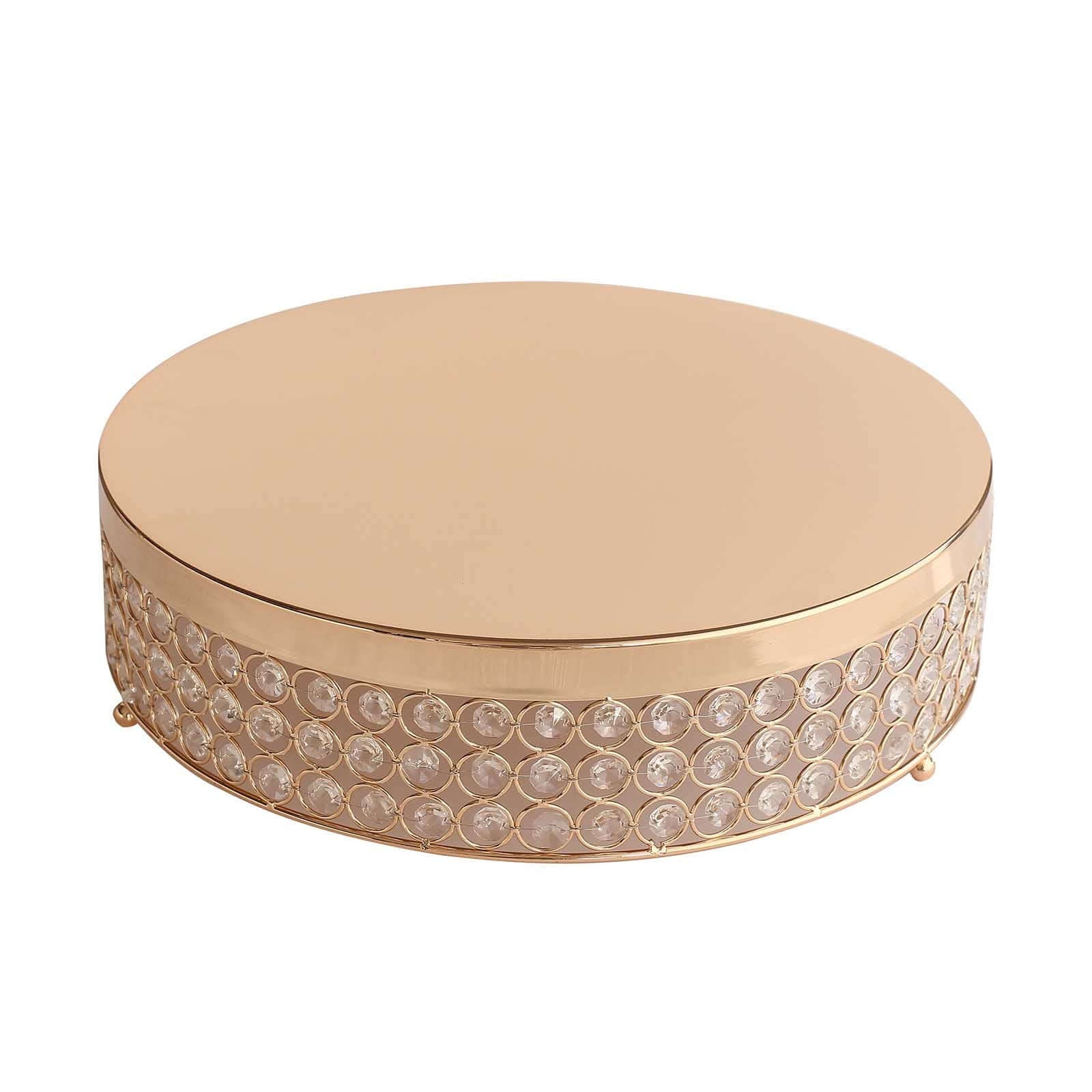 Metal Cake Stand Pedestal Crystal Beaded Design Gold - Cupcake Display and Dessert Riser 16" - Linen Luxes