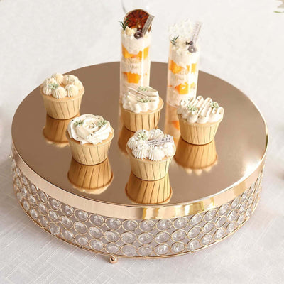 Metal Cake Stand Pedestal Crystal Beaded Design Gold - Cupcake Display and Dessert Riser 16" - Linen Luxes