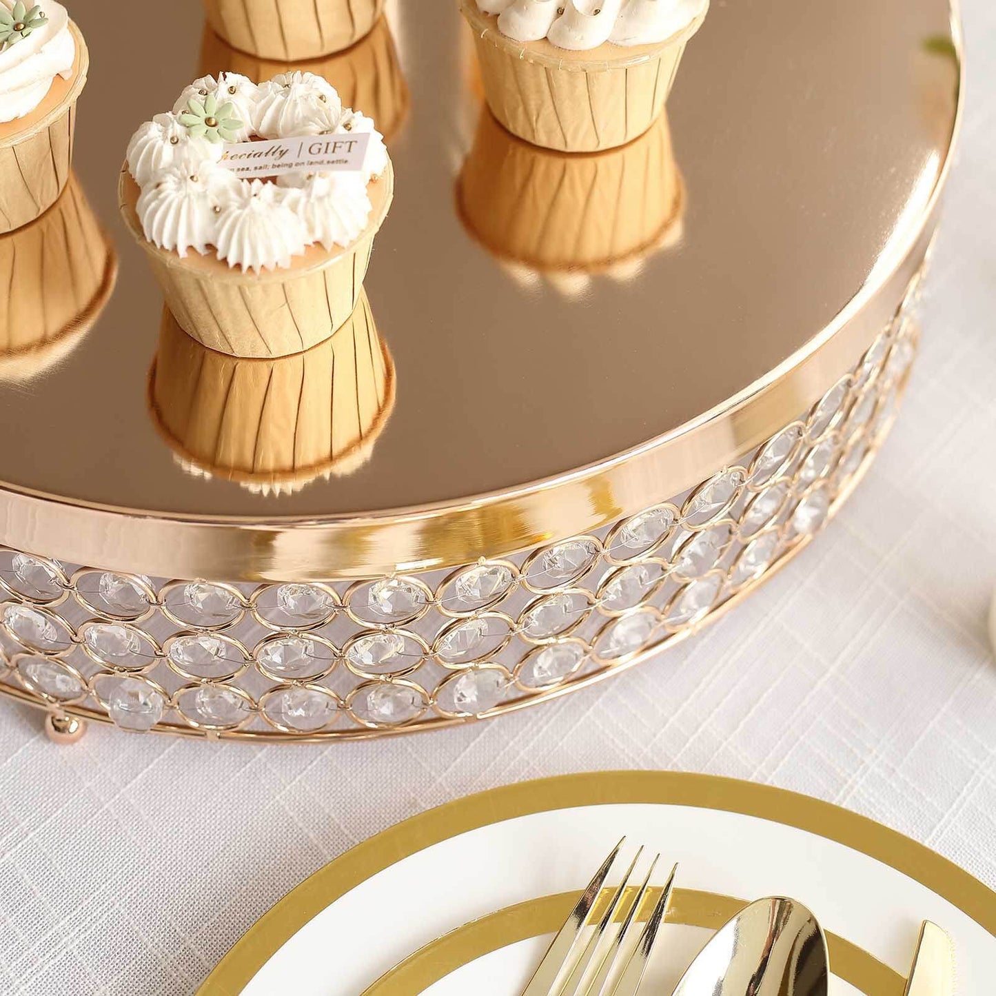 Metal Cake Stand Pedestal Crystal Beaded Design Gold - Cupcake Display and Dessert Riser 16" - Linen Luxes