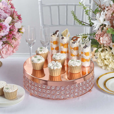 Metal Cake Stand Pedestal Crystal Beaded Design Rose Gold - Cupcake Display and Dessert Riser 14" - Linen Luxes