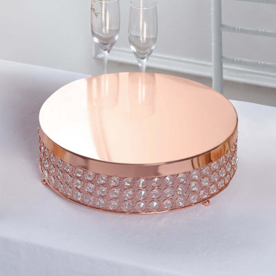 Metal Cake Stand Pedestal Crystal Beaded Design Rose Gold - Cupcake Display and Dessert Riser 14" - Linen Luxes