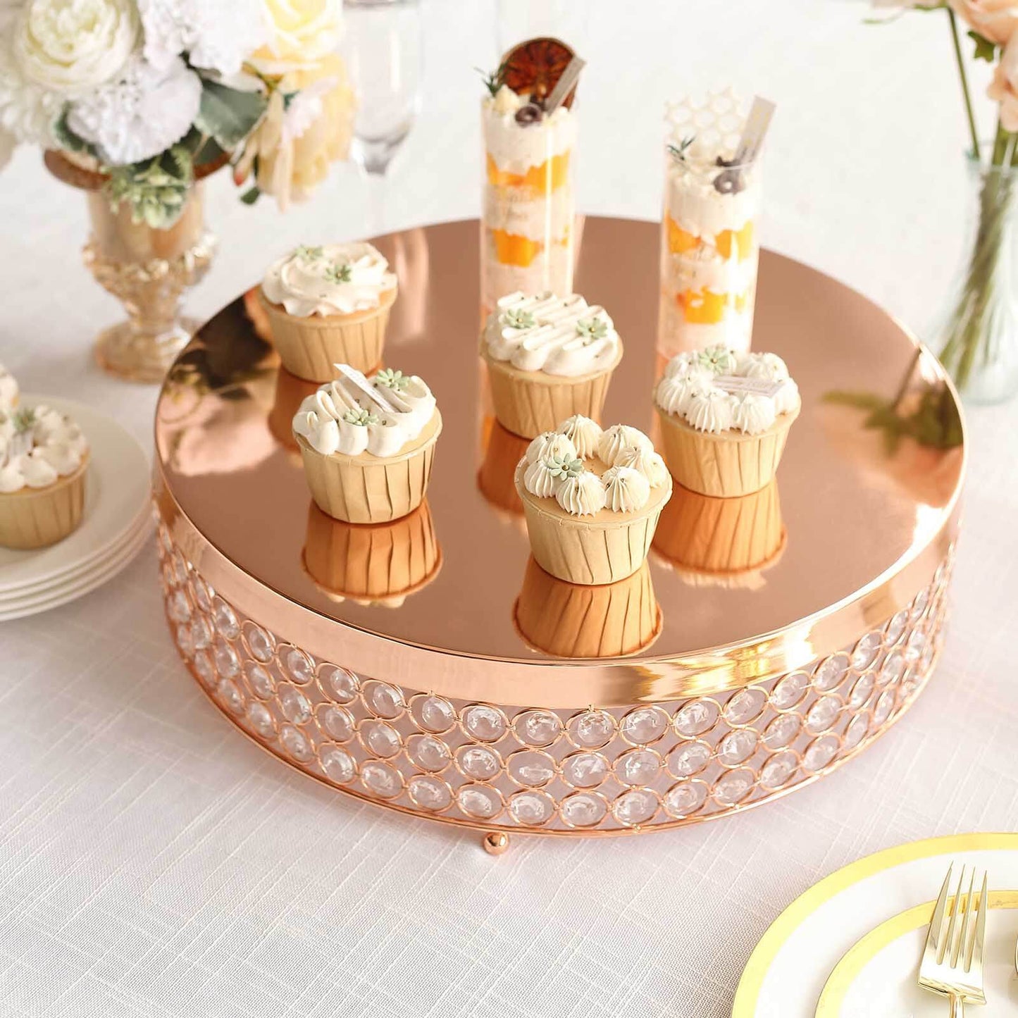 Metal Cake Stand Pedestal Crystal Beaded Design Rose Gold - Cupcake Display and Dessert Riser 16" - Linen Luxes
